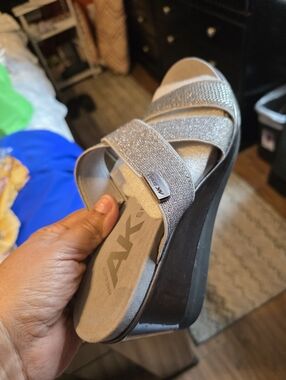 Anne Klein Sparkle Strap Silver Wedge Slides